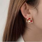Flower Stud Earring 1 Pair - Silver Needle - Silver Rhinestone Trim - Red - One Size