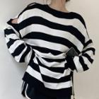 Long-sleeve Cut Out Striped Knit Top Stripes - Black & White - One Size