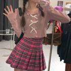 Ribbon Knit Top / Plaid Pleated Skirt