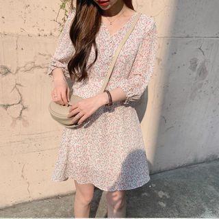 3/4-sleeve Floral-pattern A-line Dress