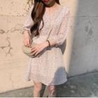 3/4-sleeve Floral-pattern A-line Dress
