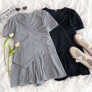 Set: Short-sleeve V-neck Asymmetrical Plain T-shirt + Drawstring Plain Shorts