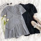 Set: Short-sleeve V-neck Asymmetrical Plain T-shirt + Drawstring Plain Shorts