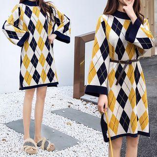 Argyle Flared-sleeve Knit Dress