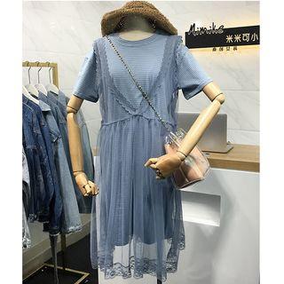 Set: Striped Short-sleeve T-shirt Dress + Mesh Pinafore Dress Light Blue - One Size