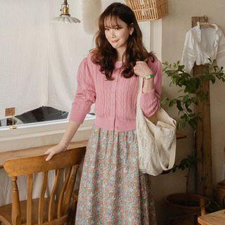 Puff-shoulder Pointelle-knit Cardigan