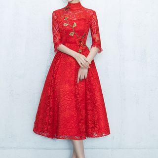 Rose Embroidered Lace Mock Neck Midi Cocktail Dress