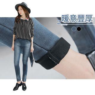 Distressed Fleeced Skinny Jeans