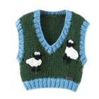 V-neck Cropped Sweater Vest Blue & Green & White - One Size