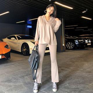 Set: Slit-side Hooded Top + Band-waist Boot-cut Pants