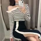 Long-sleeve Striped Cut-out Knit Top / Midi Pencil Skirt