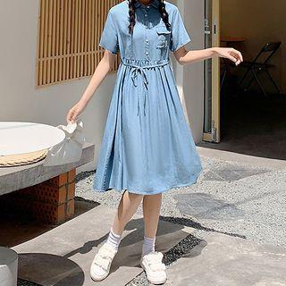 Plain Pleated Denim Short Sleeve Dress