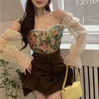 Bell-sleeve Off-shoulder Print Blouse / Mini A-line Skirt