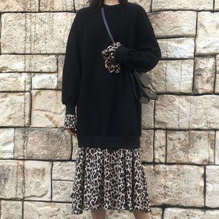 Mock Two-piece Leopard Print Pullover Dress Black - One Size