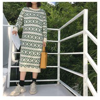 Patterned Long-sleeve Midi Knit Dress
