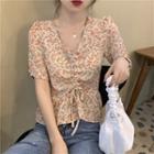 Short-sleeve Floral Print Drawcord Top