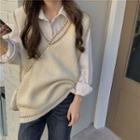 V-neck Knit Vest / Long-sleeve Blouse