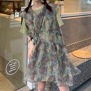 Elbow-sleeve T-shirt / Sleeveless Mesh Dress
