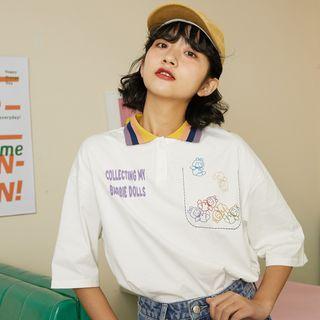 Printed Elbow-sleeve Collared T-shirt