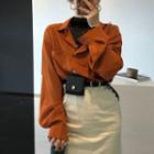 Plain Long-sleeve Loose-fit Shirt Orange - One Size