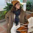 Plaid Button-up Long Coat Beige Khaki - One Size