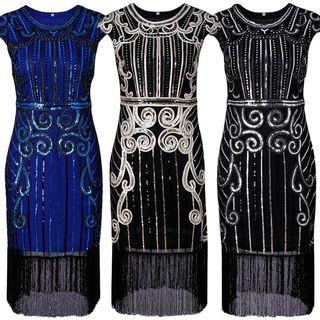 Cap-sleeve Crystal Fringed Sheath Dress
