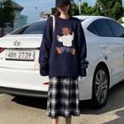 Bear Print Sweater / Midi Plaid A-line Skirt