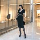 Contrast-fringed Puff-shoulder Midi Tweed Dress