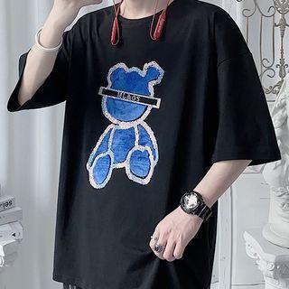 Elbow-sleeve Rhinestone Bear T-shirt