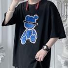 Elbow-sleeve Rhinestone Bear T-shirt