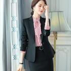 Set: Slim-fit Single-button Blazer + Stripe Tie-accent Shirt + Cropped Dress Pants