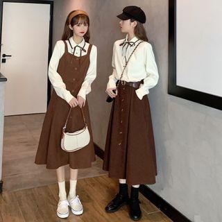 Tied Collar Shirt / Plain Buttons Maxi Skirt / Square-neck Jumper Dress