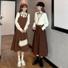 Tied Collar Shirt / Plain Buttons Maxi Skirt / Square-neck Jumper Dress