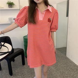 Puff-sleeve Lapel Striped Dress Pink - One Size