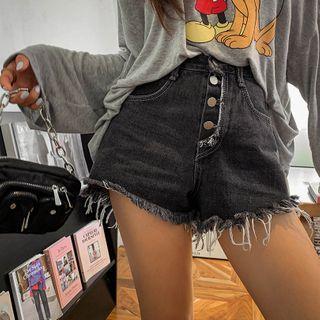 Button-fly Raw-hem Denim Shorts