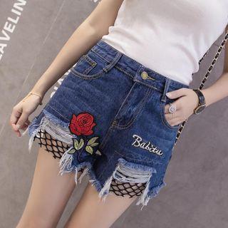 Rose Applique Ripped Denim Shorts