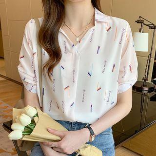 Short-sleeve Open-collar Floral Print Chiffon Blouse