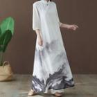 3/4-sleeve Printed Traditional Chinese Midi A-line Dress Black & White - One Size