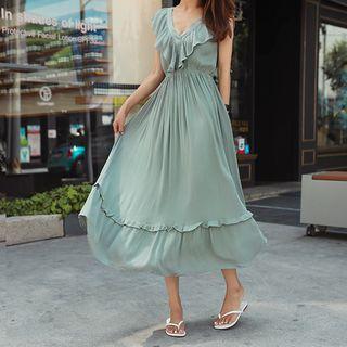 Plunge-neck Frilled Gathered Long Dress
