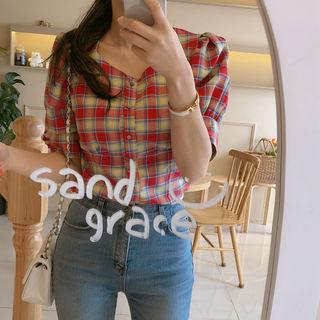 Puff-shoulder Square-neck Plaid Blouse