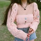 Flower Embroidered Pointelle Knit Cropped Cardigan / Tube Top