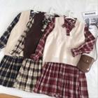 Set:color-block Check Long-sleeve Dress + Plain V-neck Knit Vest