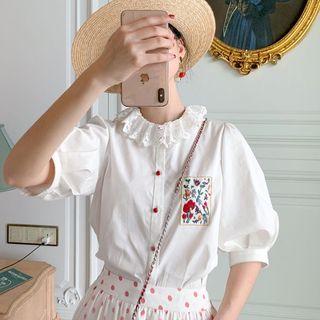 Flower Embroidered Elbow-sleeve Blouse