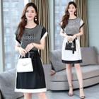 Short-sleeve Color Block Satin A-line Dress