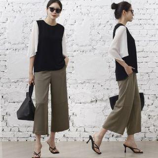 Band-waist Pocket-detail Wide-leg Pants Beige - One Size