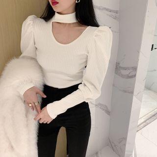 Puff-sleeve Halter-neck Asymmetrical Knit Top
