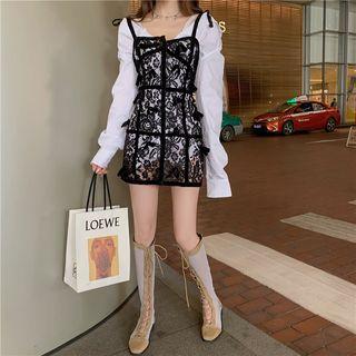 Plain Long-sleeve Shirt / Lace Slim-fit Sleeveless Dress
