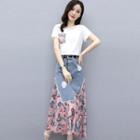 Set: Printed Panel Short-sleeve T-shirt + Denim Midi A-line Skirt