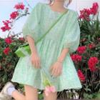 Puff-sleeve Floral Mini A-line Dress Floral - Green & White - One Size