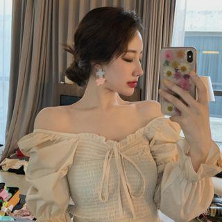 Long Puff-sleeve Square-neck Top Light Almond - One Size